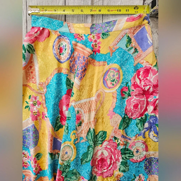 Vintage 100% Silk Made In Korea Floral Clock Print Asian Inspire Skirt Midi Maxi - Picture 7 of 11